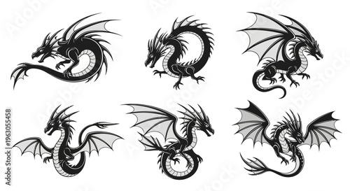 Set of Six Black Pixel Art Dragons, Fantasy Creatures, Mythological Beasts