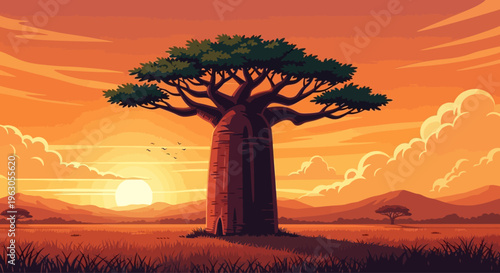 Vibrant Baobab Tree Silhouette at Sunset in African Savannah Landscape