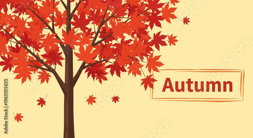 Vibrant Autumn Tree with Falling Leaves and "Autumn" Text Box