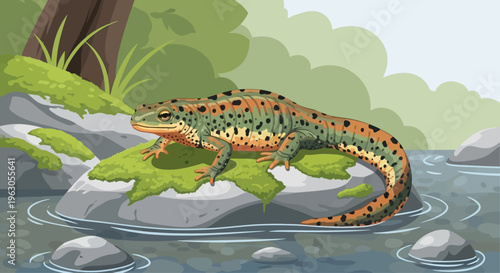 Vibrant Newt Resting on Mossy Rock in Stream, Detailed Pixel Art
