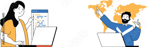 Two professionals collaborating remotely through coding and global communication on their laptops happily