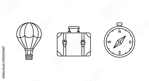 Travel icons featuring a hot air balloon suitcase and compass silhouette