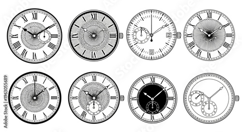 Vintage Pocket Watch Faces Collection - Antique Timepieces Illustration
