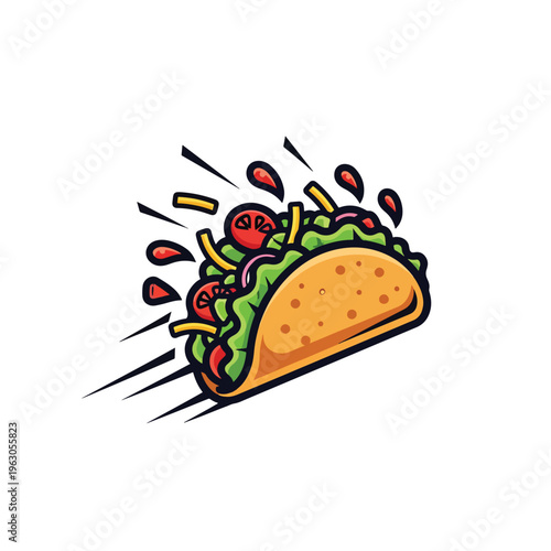 Dynamic speedy taco illustration with flying ingredients, perfect for fast food concepts.