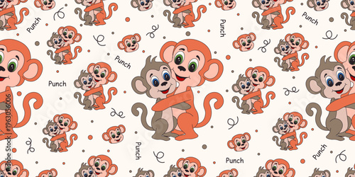 Vector Seamless Pattern with Punch monkey his mom and doodle element isolated light beige background. Perfect child bedroom Wallpaper print kids textile fabric printing design. Editable stroke EPS 10