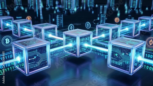 This digital blockchain connectivity highlights key elements of the digital age: interconnected blocks and a visual representation of the blockchain revolution.
