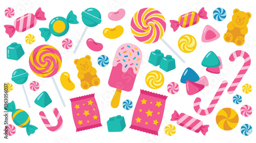 Colorful candies and lollipops background with various shapes and sizes.