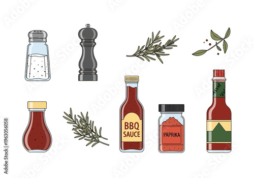 Assortment of cooking condiments and fresh herbs illustrated on a white background