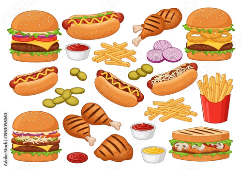 Assortment of cartoon fast food items including burgers hot dogs fries and grilled chicken