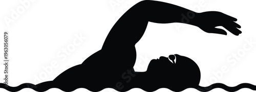 Swimming silhouette, front crawl stroke, water waves, sports illustration, athlete figure, exercise art, aquatic design, leisure activity, black silhouette, minimal background