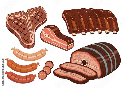 Assortment of grilled and smoked meat cuts including steak ribs roast and sausages