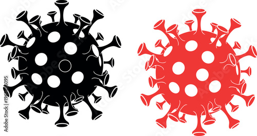 Black and red coronavirus virus icon set isolated on white background, abstract COVID-19 pathogen symbol illustration for pandemic awareness, healthcare design, medical infographic concept