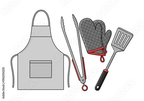 Gray apron tongs oven mitts and slotted spatula illustration on white
