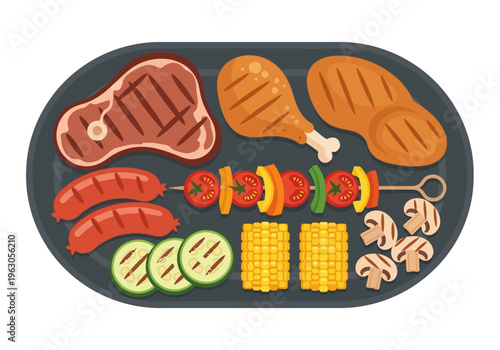 Grilled assortment on a dark platter steak chicken sausages corn vegetables and mushrooms