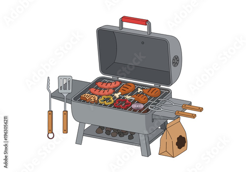 Gray charcoal grill with various foods cooking on the grate