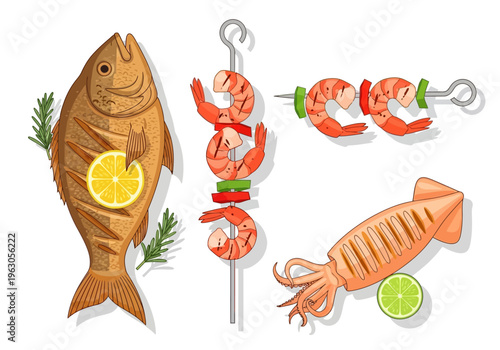 Grilled seafood platter featuring fish shrimp skewers and squid