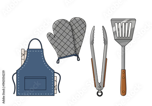 Illustrated set of blue apron gray oven mitts metal tongs and slotted metal spatula