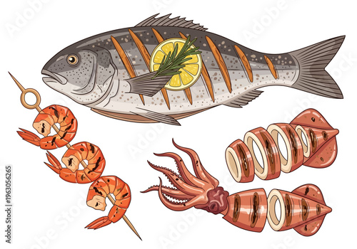 Grilled whole fish shrimp skewers and sliced grilled squid illustration
