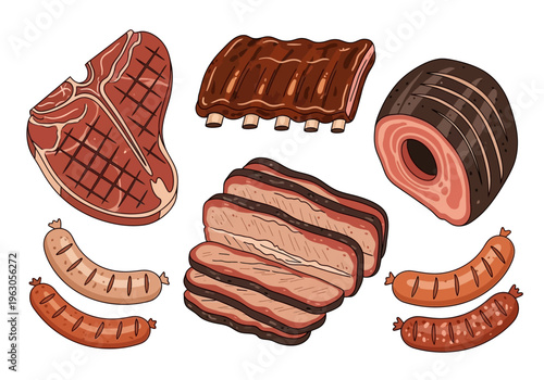 Illustration of various barbecued meats including steak ribs brisket slices roast and sausages