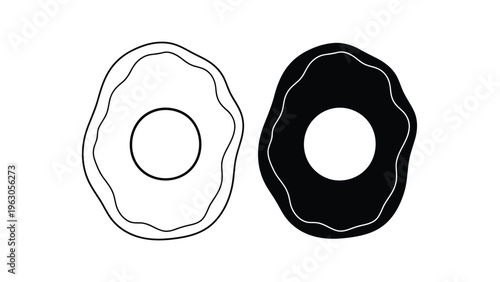 A minimalist black and white illustration depicts two stylized fried eggs side by side