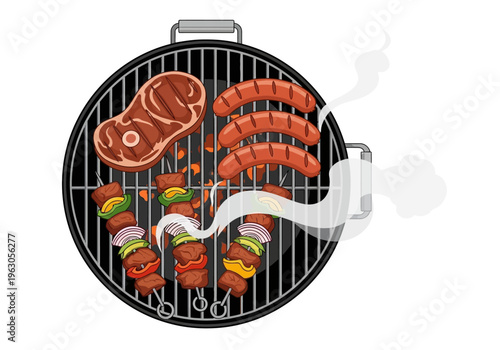 Round charcoal grill cooking steak sausages and vegetable kebabs with smoke