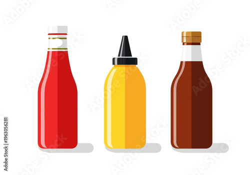 Three condiment bottles red yellow and brown on a white background