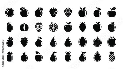A collection of various black silhouette fruit icons arranged in a grid pattern