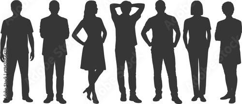 Human silhouettes, diverse figures, casual and professional poses, standing people, posture variation, black silhouettes, anonymous individuals, fashion style, minimal background, diversity art