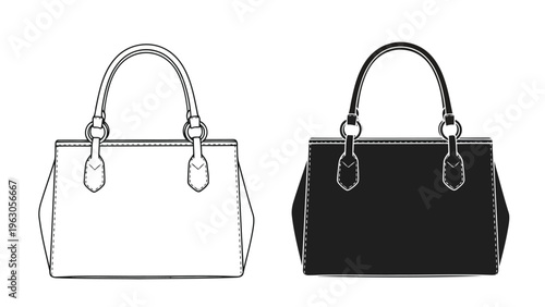 A black and white illustration depicts two identical handbags one light and one dark