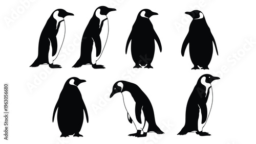 A collection of six stylized penguin silhouettes in black and white showcasing different poses