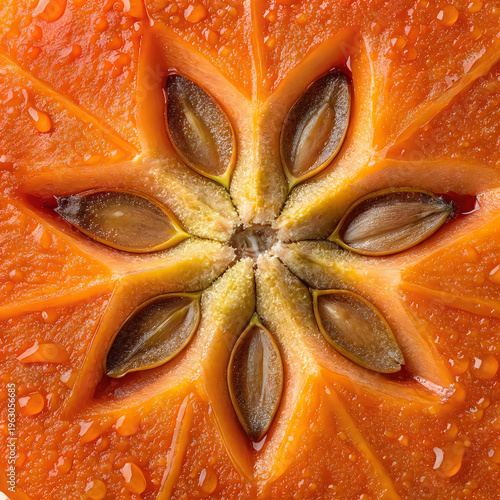 A close up view of a sliced orange persimmon with seeds
