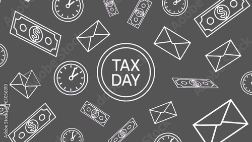 Tax Day Deadline with Clocks, Mail, and Money Outline Pattern