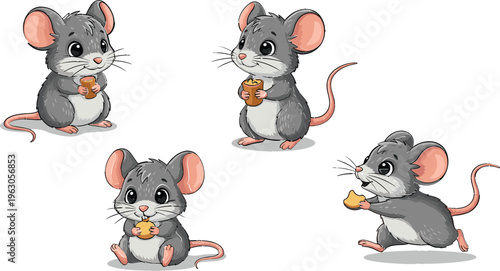 A Set of Adorable Vector Illustrations Featuring Gray Mice with Cheese and Cookies, Perfect for Children's Themes and Animal Graphics