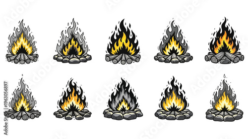 A collection of cartoon style campfire illustrations depicting varying flame intensities and wood arrangements