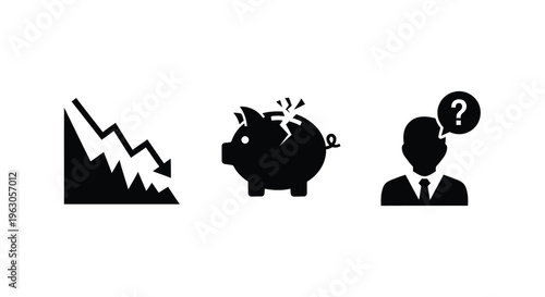 Financial crisis broken savings and uncertainty depicted in black silhouette