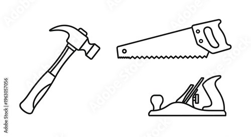 Hand tools including a hammer saw and plane a dark silhouette