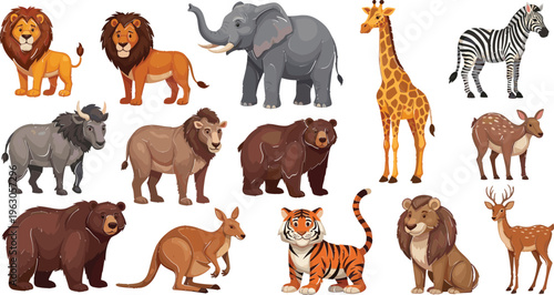 A Set of Wild Animal Illustrations Featuring Lion, Elephant, Giraffe, Zebra, Bear, Tiger, Kangaroo, and Deer in Vector Style for Educational and Web Use