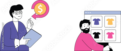 A professional explaining online shopping pricing to a customer browsing clothing items on a computer screen