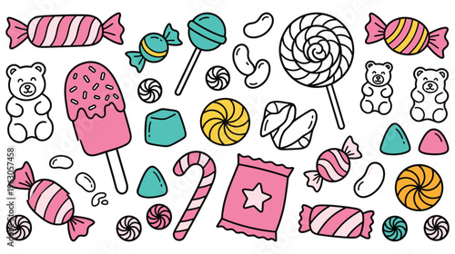 Colorful candy collection with lollipops gummy bears and sweet food.