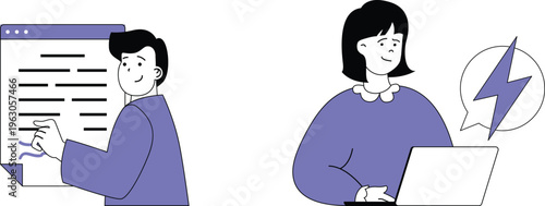 A person writing notes while another works on a laptop with a lightning bolt symbol nearby indicating speed or efficiency