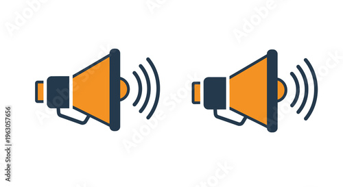 Two orange megaphones emitting sound waves a graphic silhouette