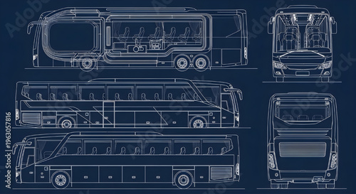 Luxury Bus AutoCAD Blueprint Vector – Multiview Passenger Transport Technical Drawing White Outline on Dark Blue