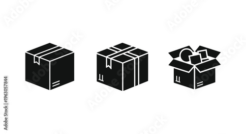 Three black boxes including an open one in stark silhouette