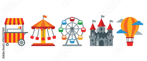 Colorful carnival flat icons with carousel ferris wheel and balloon.