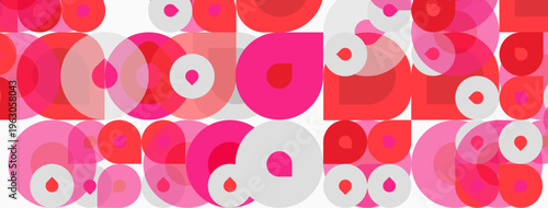 Abstract pattern features overlapping circles. Pink, red, white hues create playful geometric design. Simple shapes repeat seamlessly.