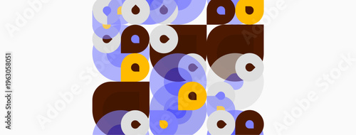 Abstract composition. Circles, squares overlap creating colorful pattern. Light background enhances shapes, forms visual harmony.