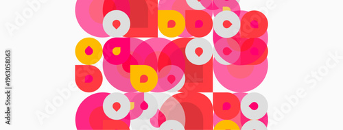 Overlapping circles, squares, rectangles. Pink, red, yellow hues dominate composition. Minimalist design, flat graphic style. Bright colors create playful pattern.