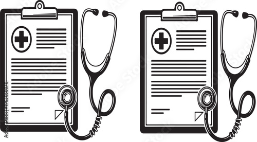 Medical clipboard with stethoscope and patient record