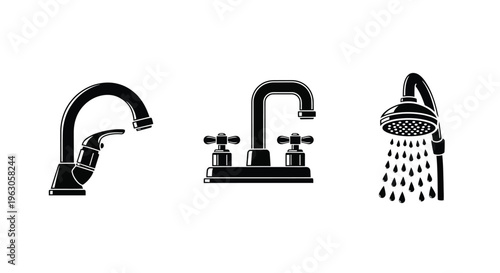 Bathroom fixtures including a faucet sink and showerhead silhouette