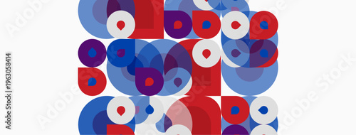 Abstract composition featuring overlapping circles, squares. Red, blue, purple hues dominate white background. Modern, geometric design.